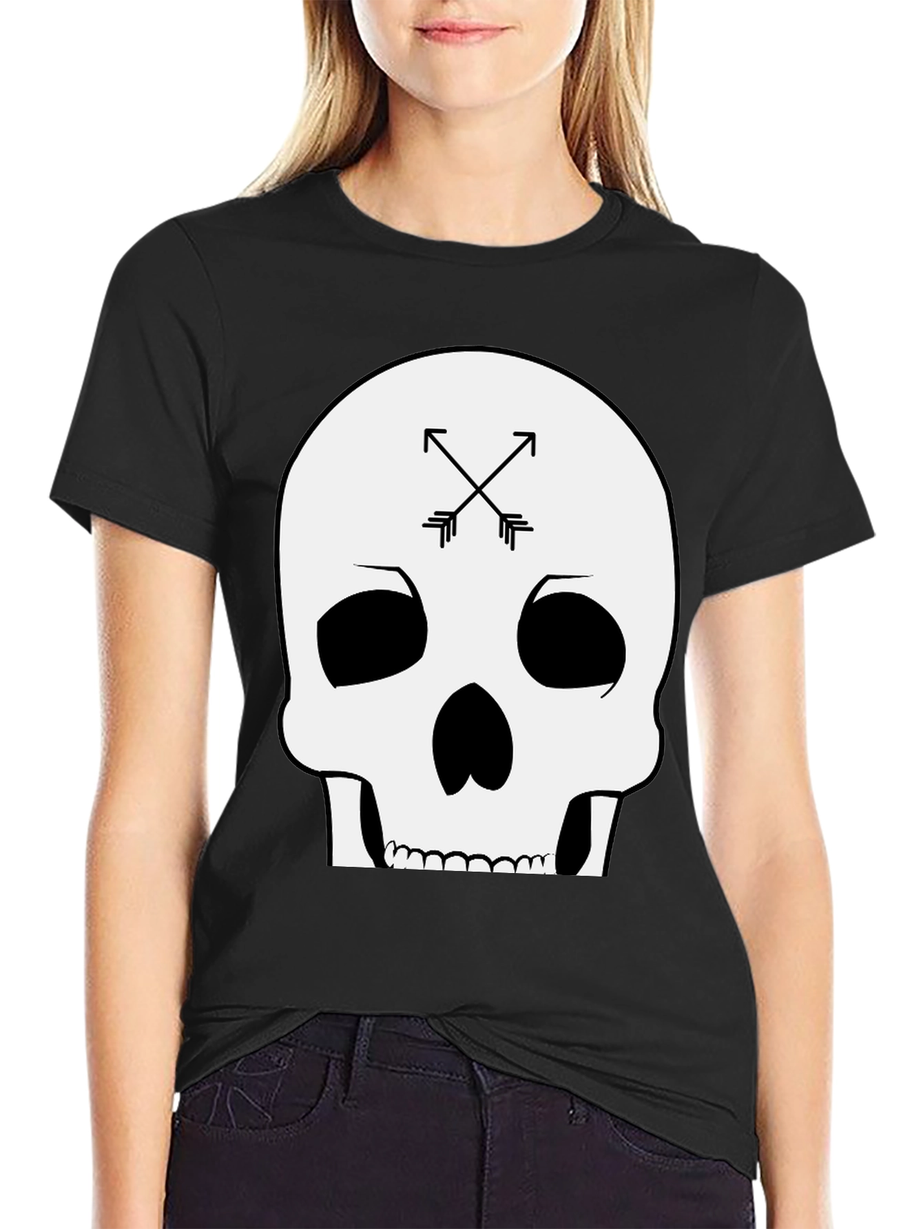 Black Skull & Arrows Graphic Tee - Black Cotton T-Shirt view 2