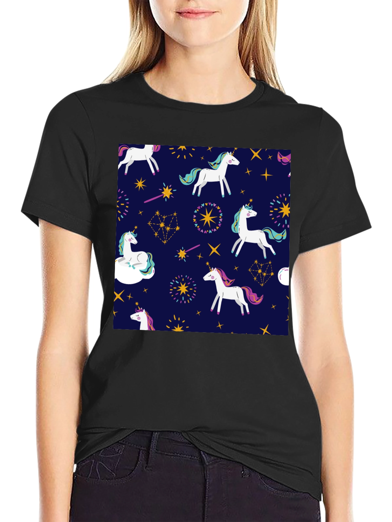 Black Unicorn Pattern Black T-Shirt view 2