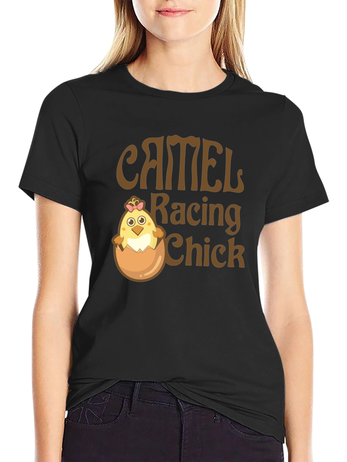 Black Camel Racing Chick Funny T-Shirt view 2