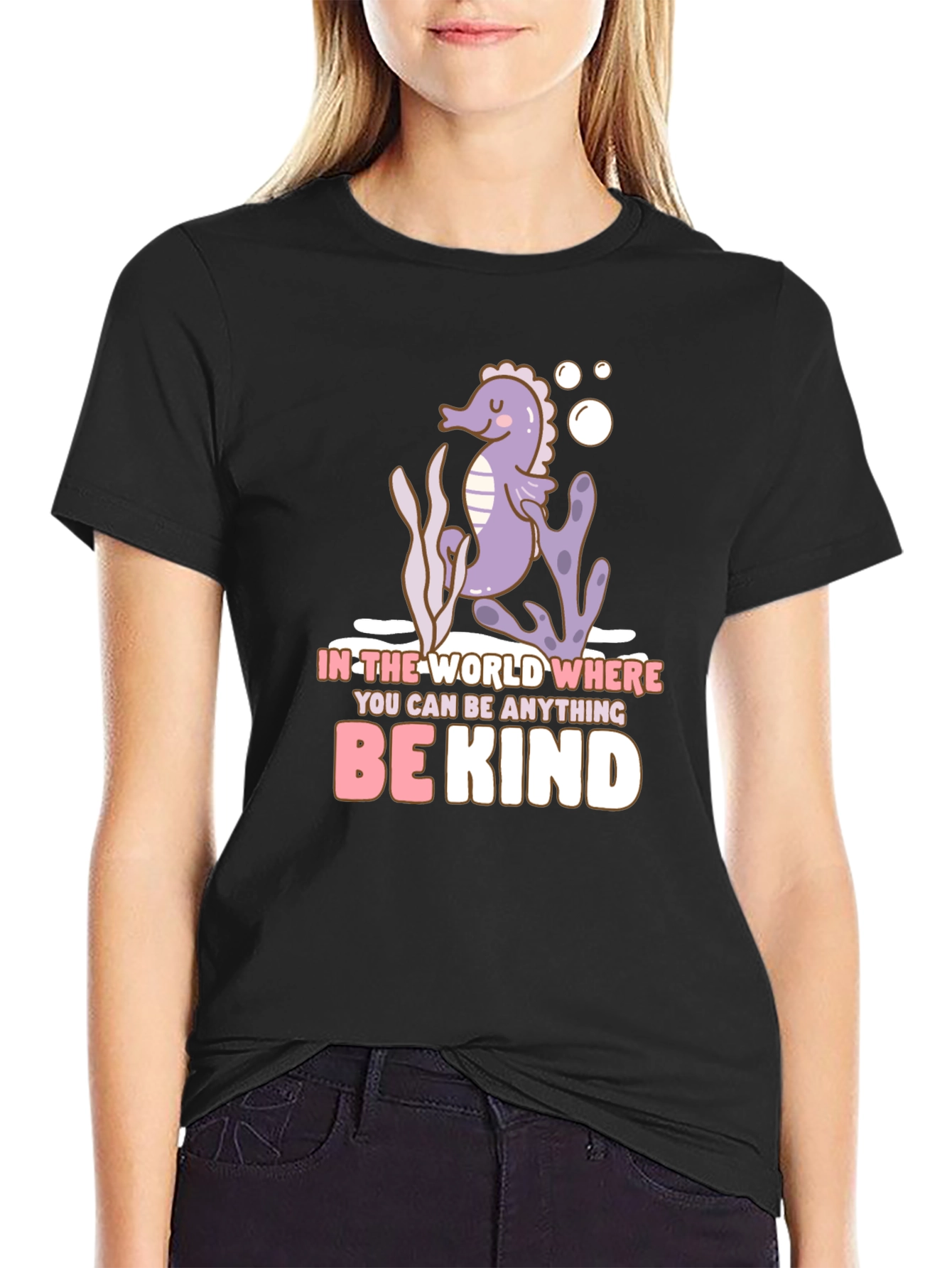 Black Be Kind Seahorse Graphic Tee - Black Cotton T-Shirt view 2