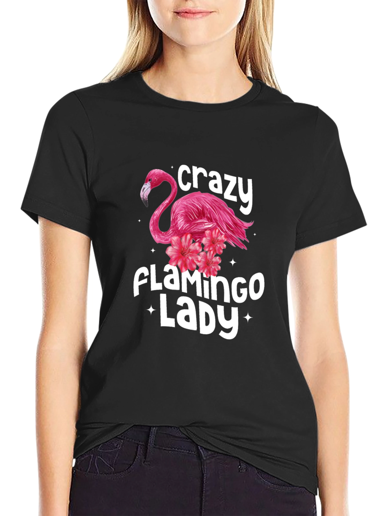 Black Crazy Flamingo Lady Graphic Tee view 2