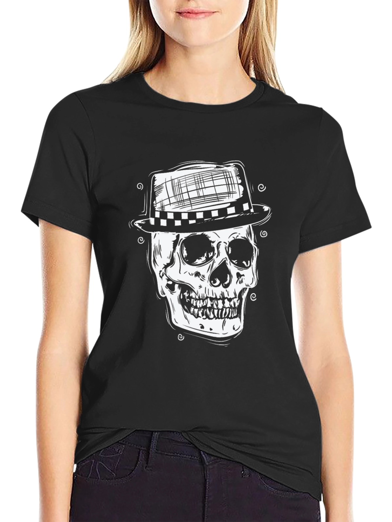 Black Skull in Hat Graphic Tee - Mens Black T-Shirt view 2