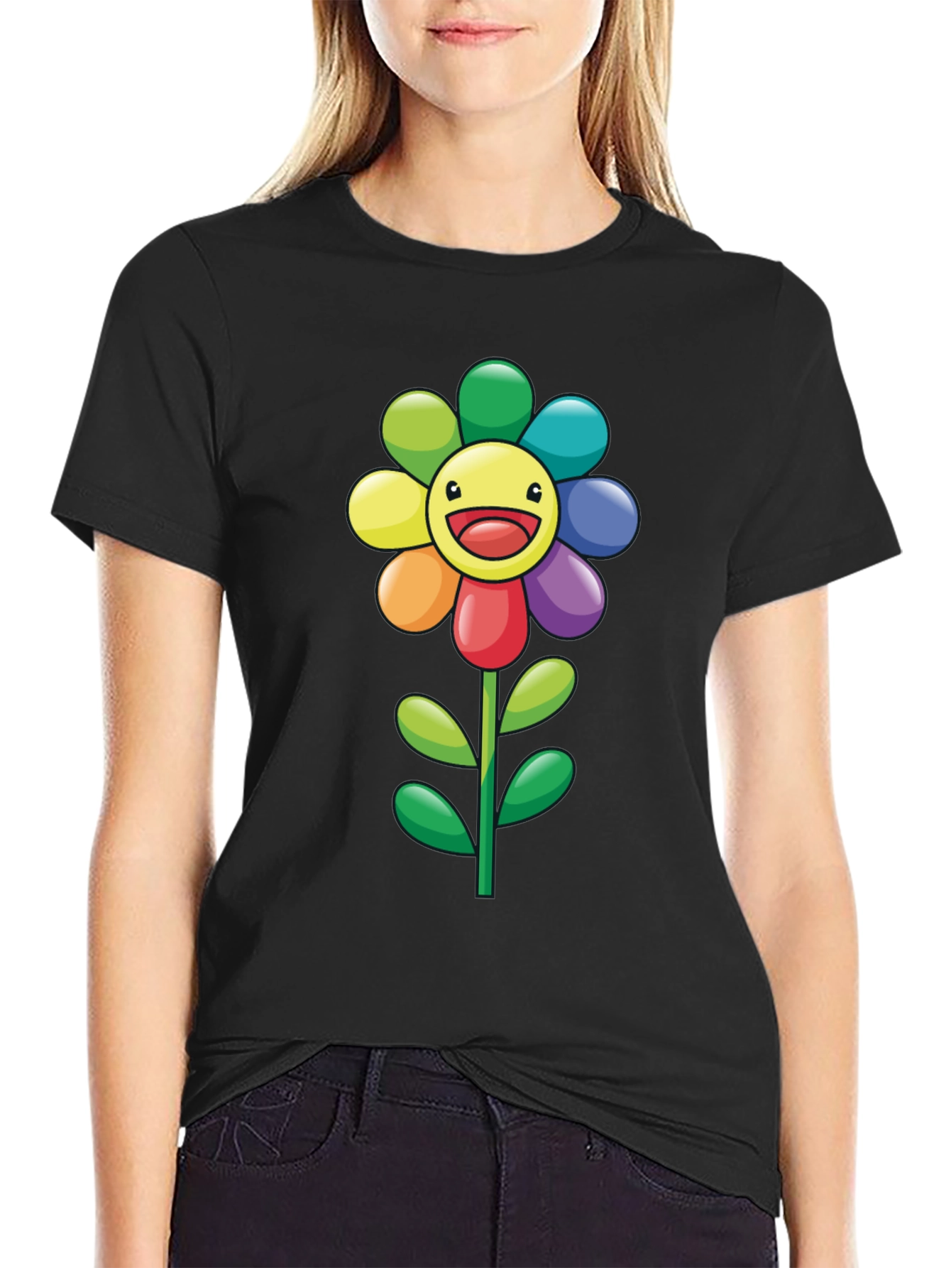 Black Rainbow Flower Graphic Tee - Black T-Shirt view 2