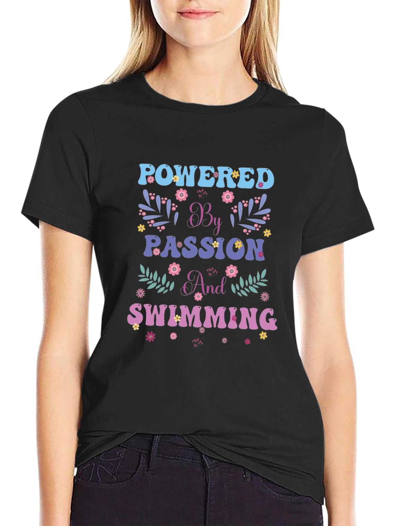Black Powered by Passion and Swimming Graphic Tee view 2
