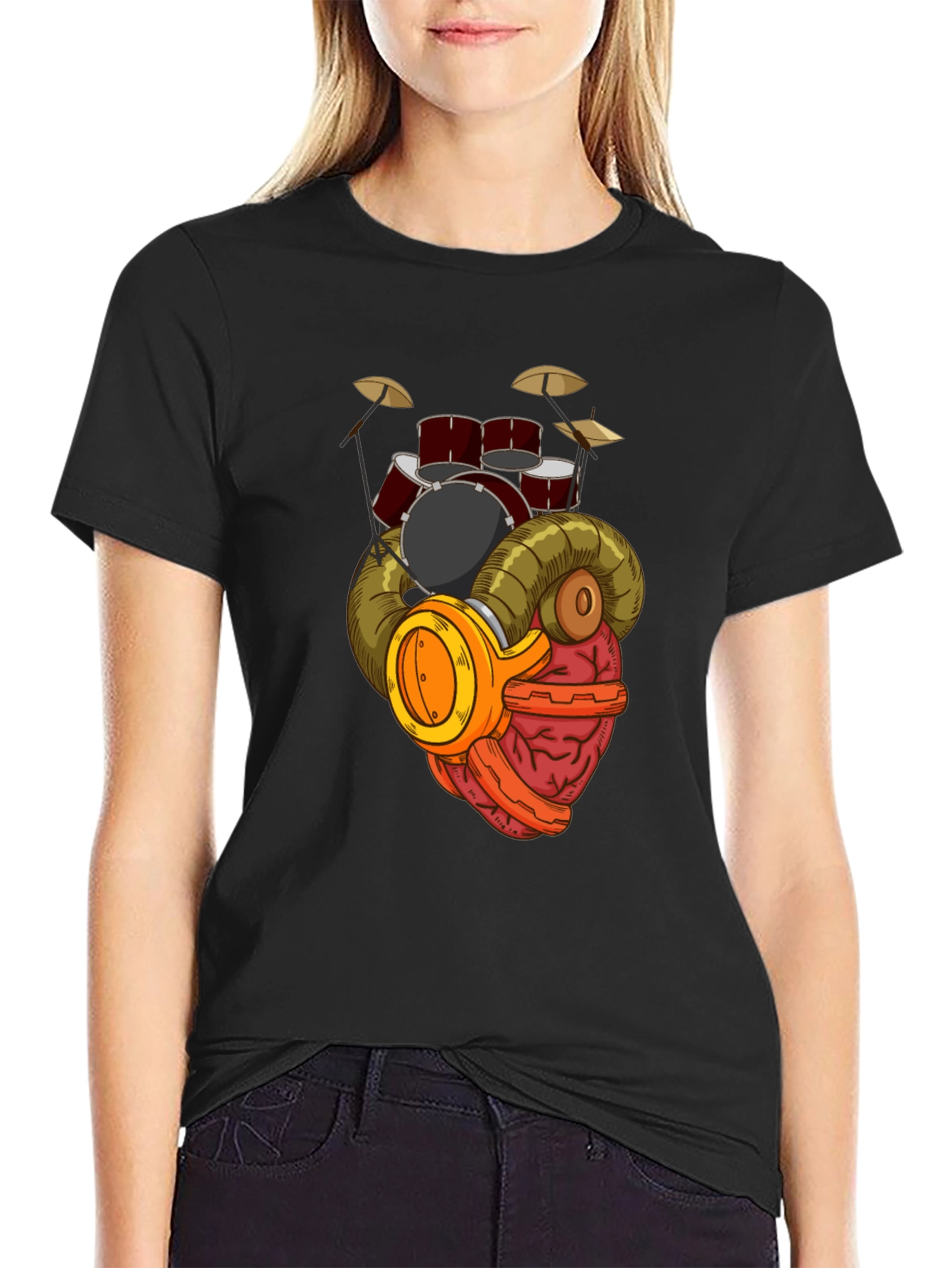 Black Drummer Brain T-Shirt - Music Lover Gift view 2