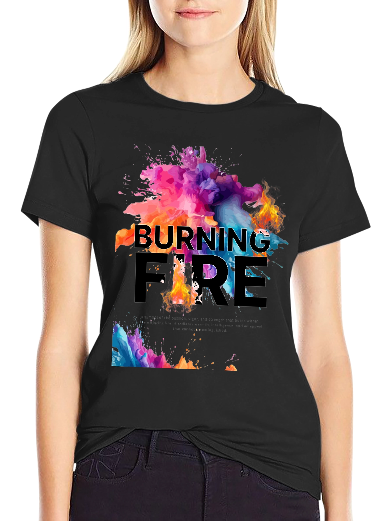 Black Burning Fire Graphic Print T-Shirt view 2
