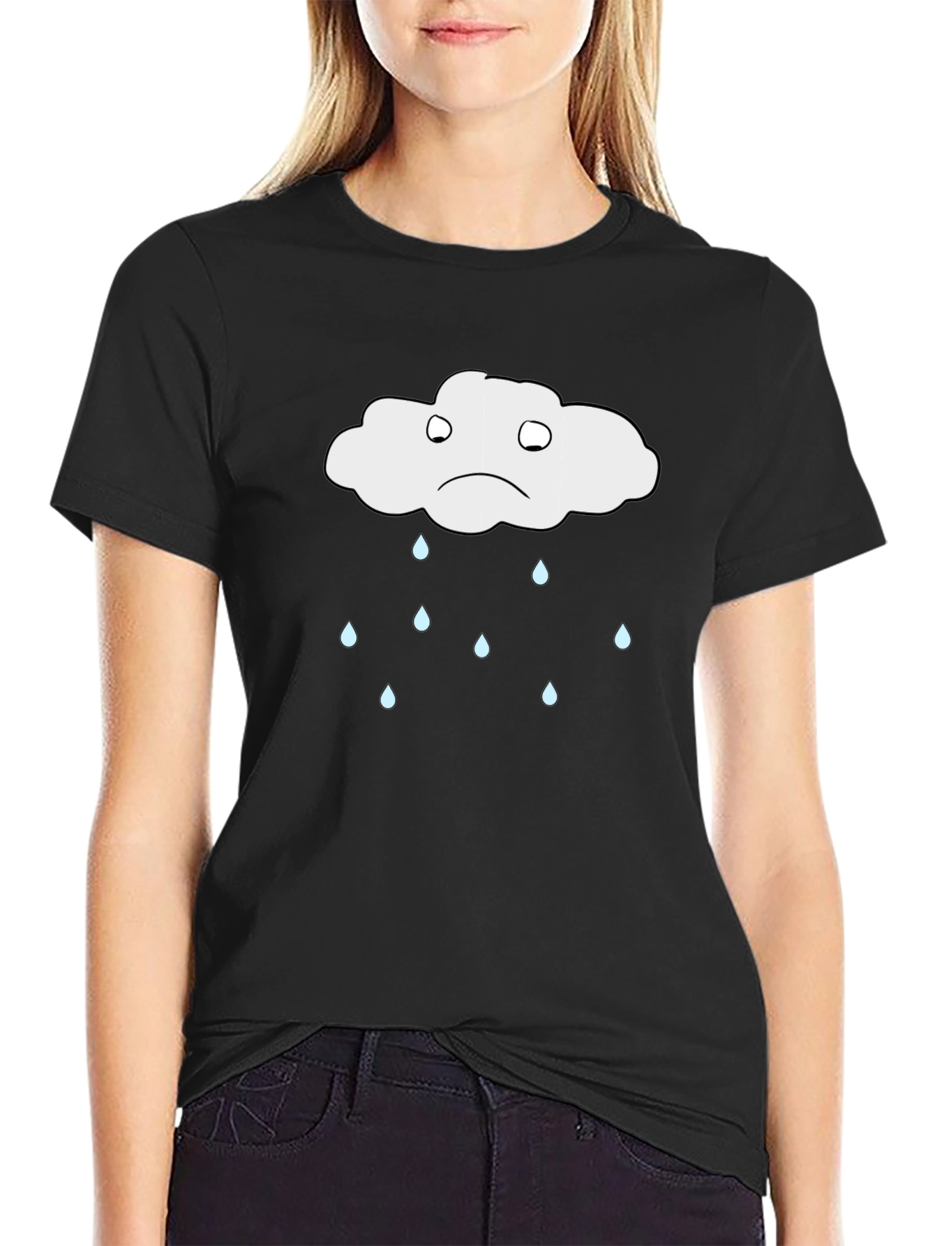 Black Sad Cloud Rain T-Shirt - Soft Cotton Tee view 2