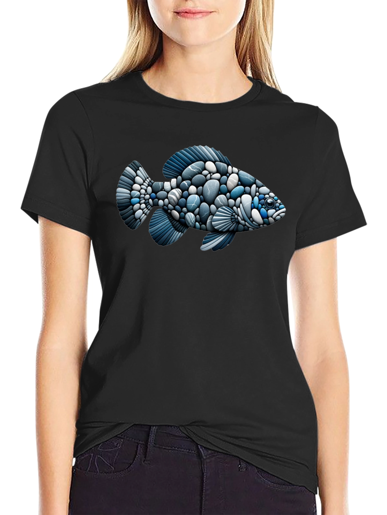 Black Stone Fish Graphic Tee - Black Cotton Blend Shirt view 2