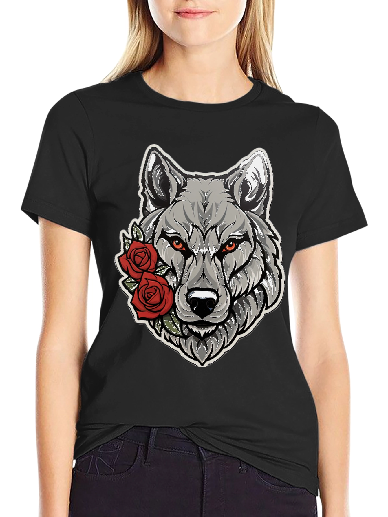 Black Wolf & Roses Graphic Tee - Men's Black T-Shirt view 2