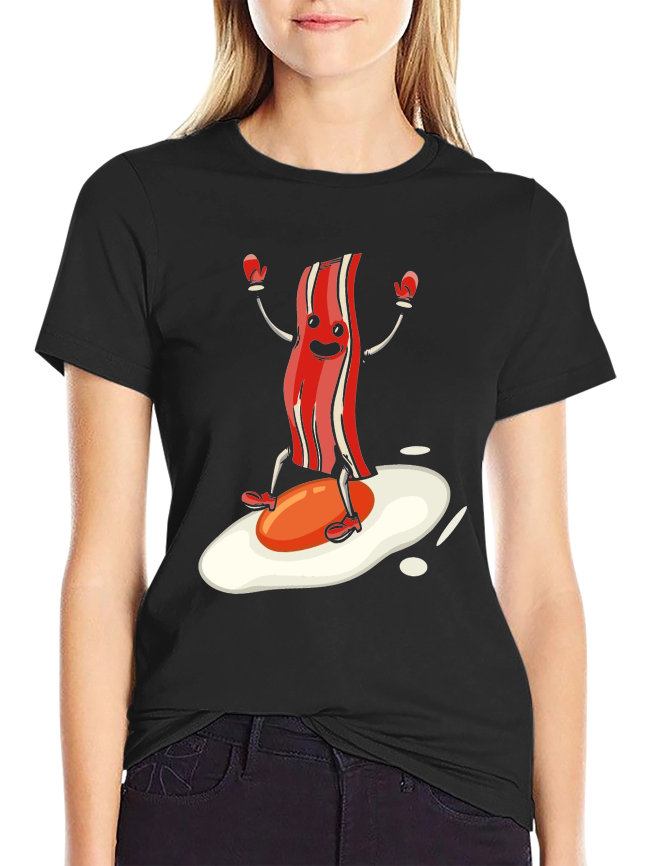 Black Bacon & Egg Cartoon Graphic Tee - Novelty Food Shirt view 2