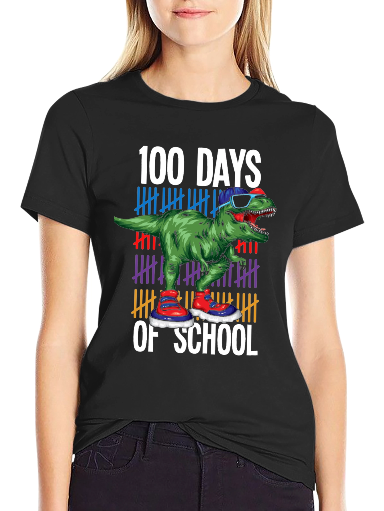 Black 100 Days of School Dinosaur T-Shirt view 2