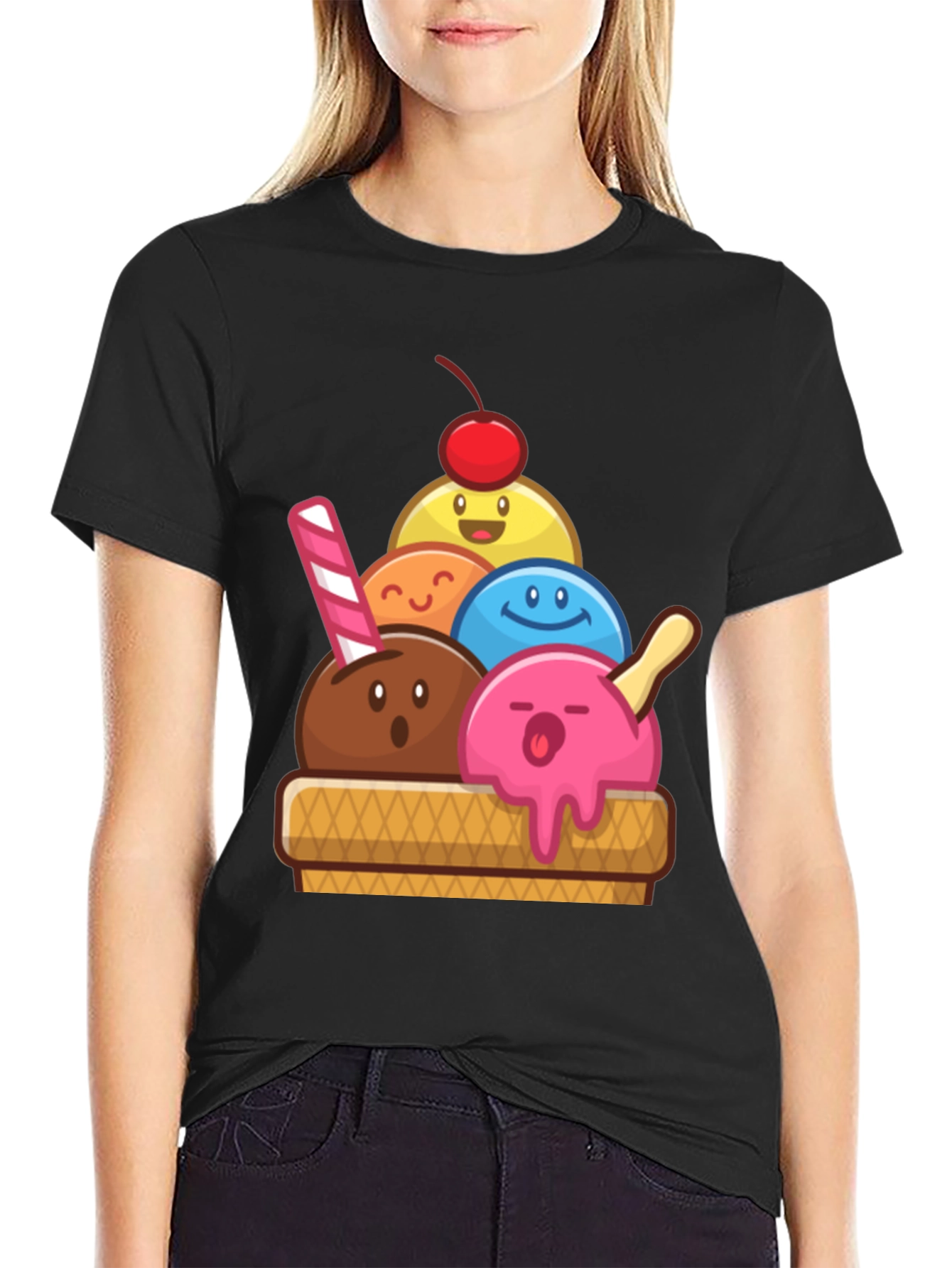 Black Cute Ice Cream Cartoon Graphic Tee view 2