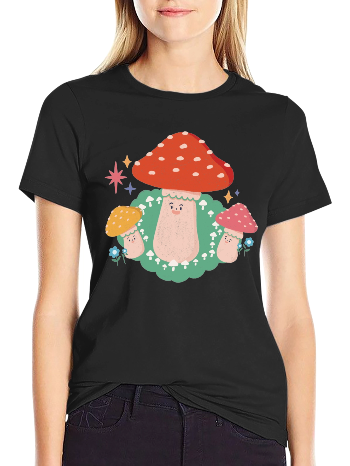 Black Mushroom Graphic T-Shirt - Funky Forest Design view 2