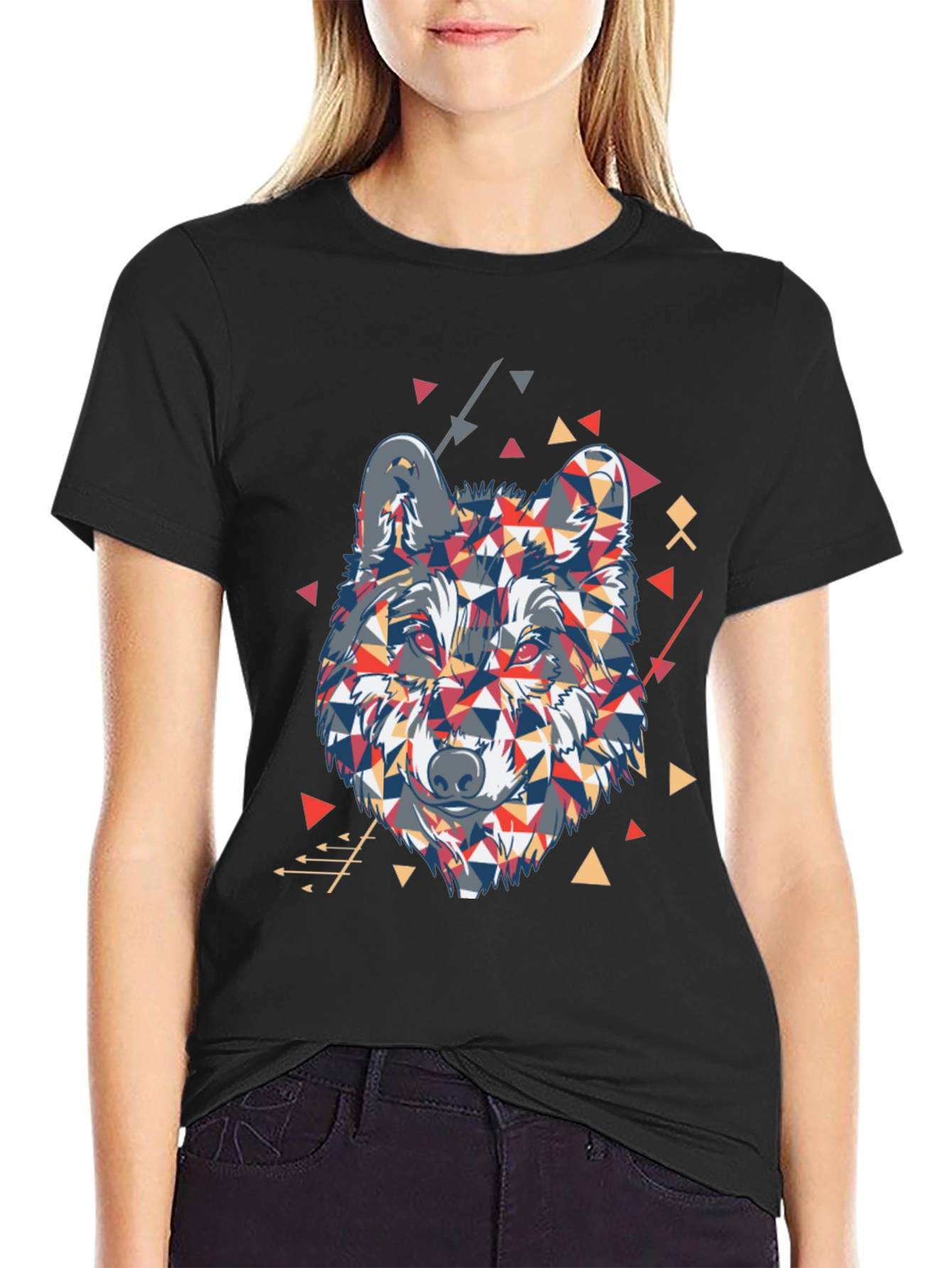 Black Geometric Wolf Graphic Black T-Shirt view 2