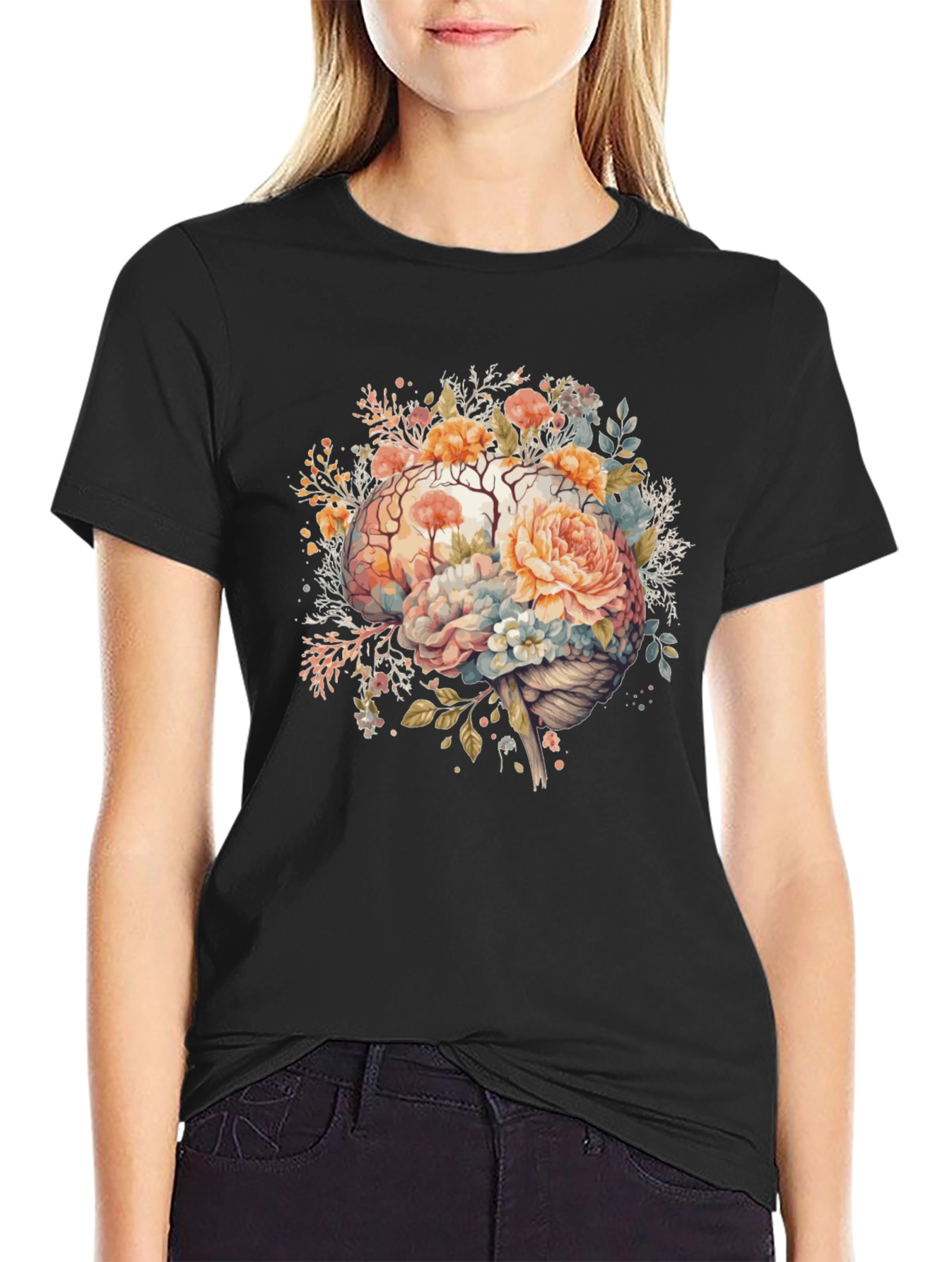 Black Floral Brain Graphic Tee - Stylish Mindful Design view 2