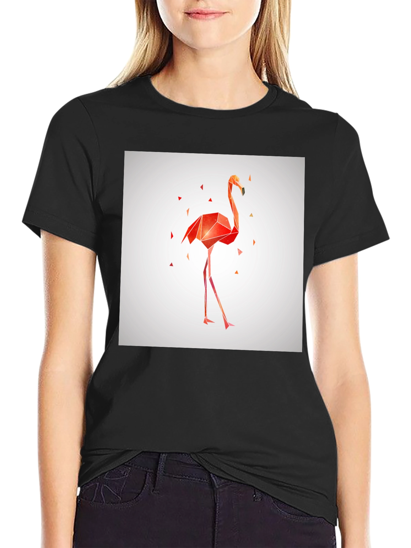 Black Geometric Flamingo Graphic Tee - Stylish Black T-Shirt view 2