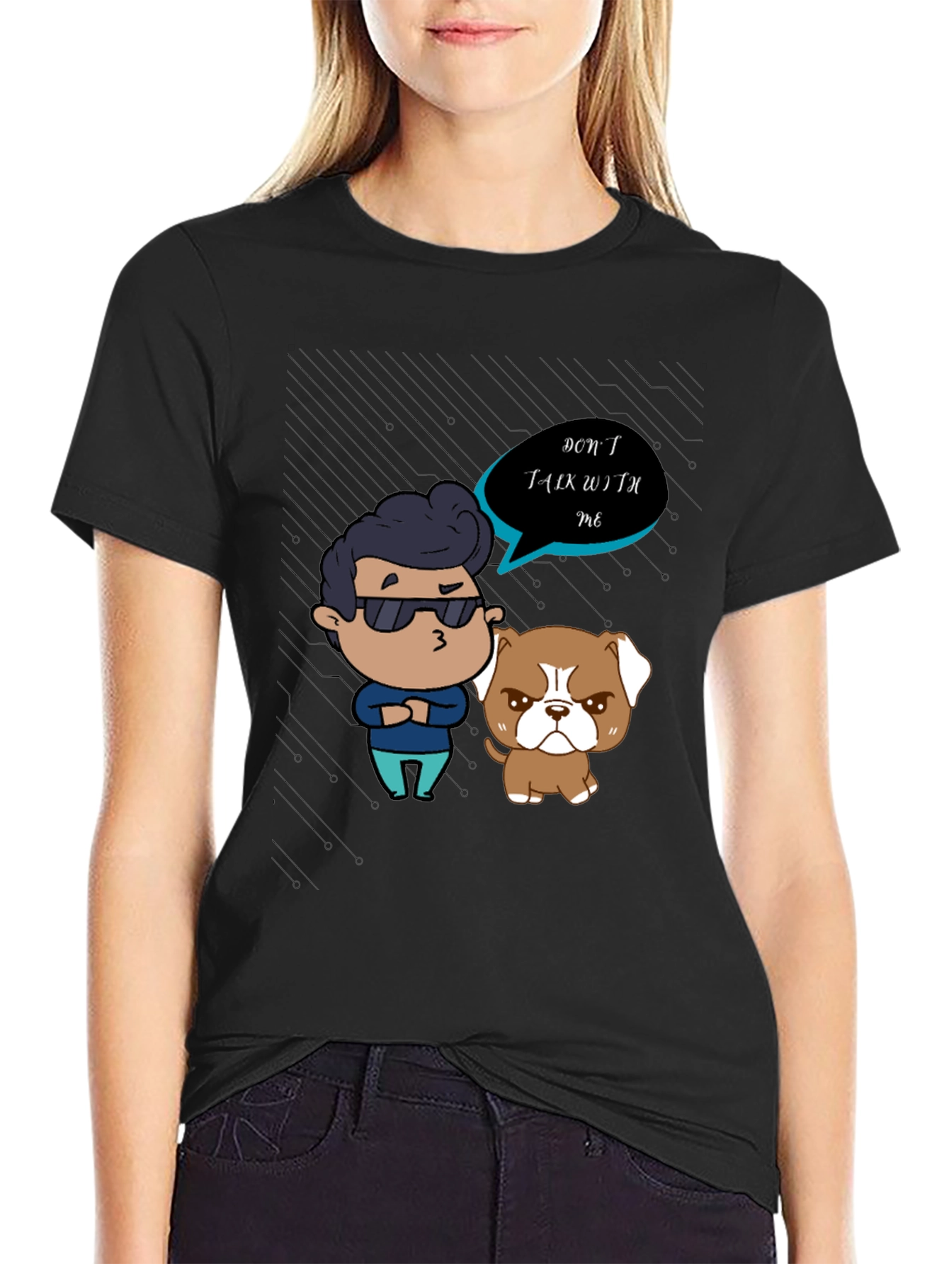 Black Grumpy Cartoon Graphic T-Shirt view 2