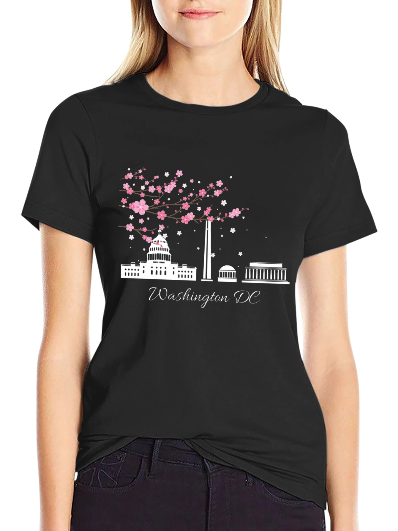 Black Washington DC Cherry Blossom Graphic T-Shirt view 2