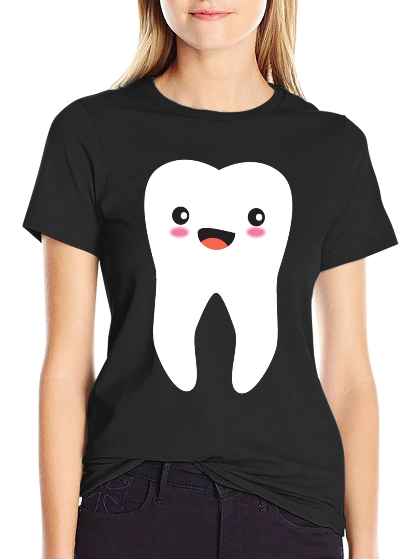 Black Cute Tooth Graphic Tee - Black Cotton T-Shirt view 2