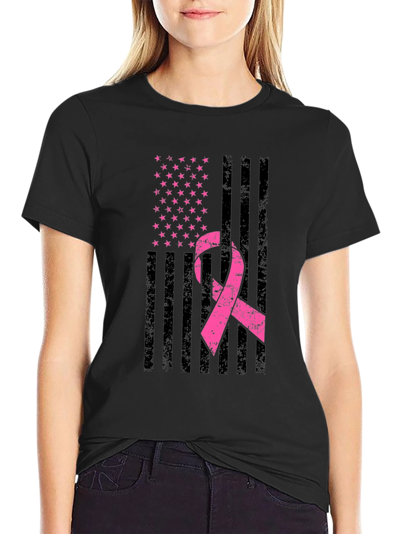 Black Breast Cancer Awareness American Flag T-Shirt view 2
