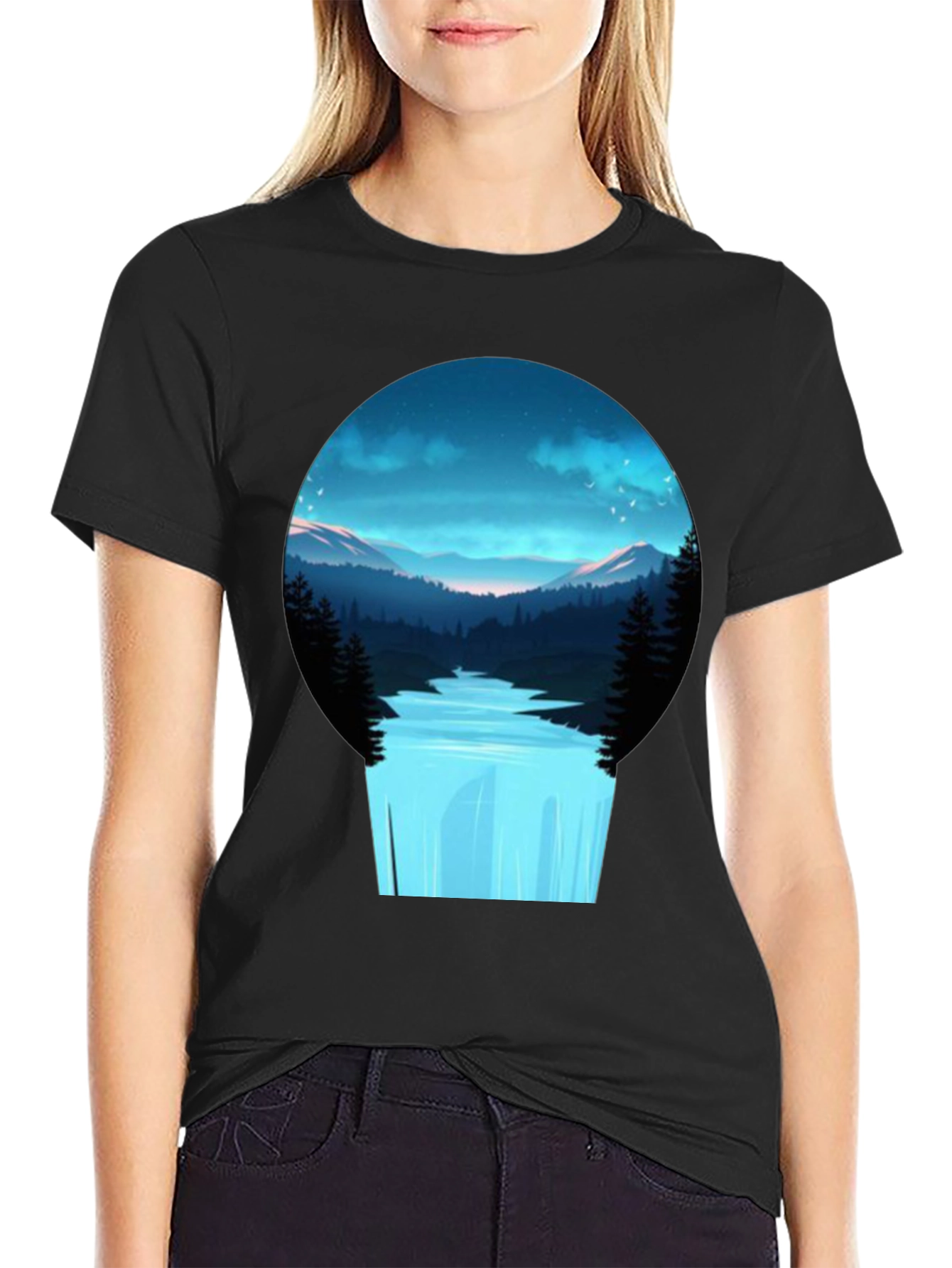 Black Nature Vista Black Tee - Artistic Mountain Waterfall Design view 2