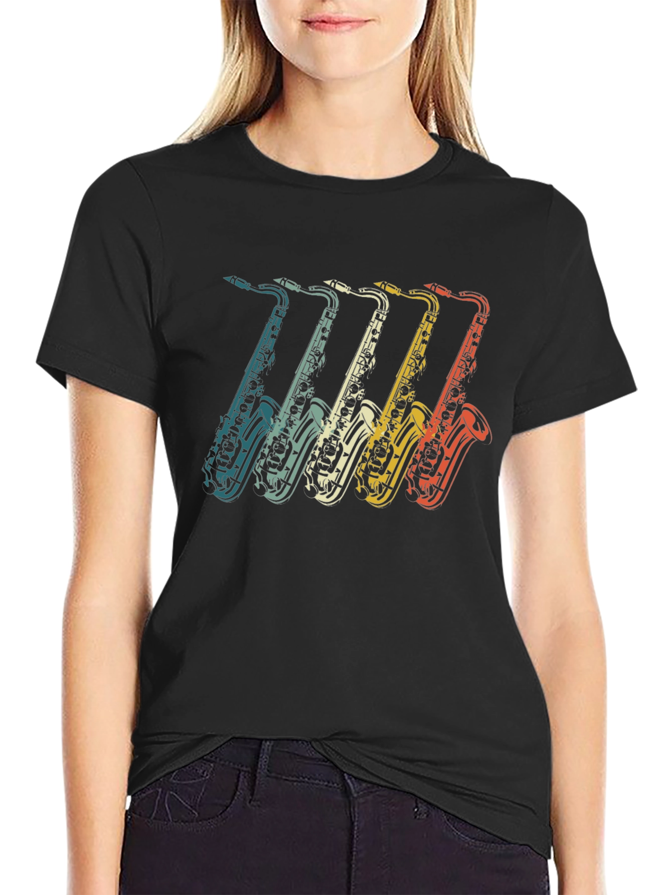 Black Retro Saxophone Graphic Tee - Vintage Music T-Shirt view 2