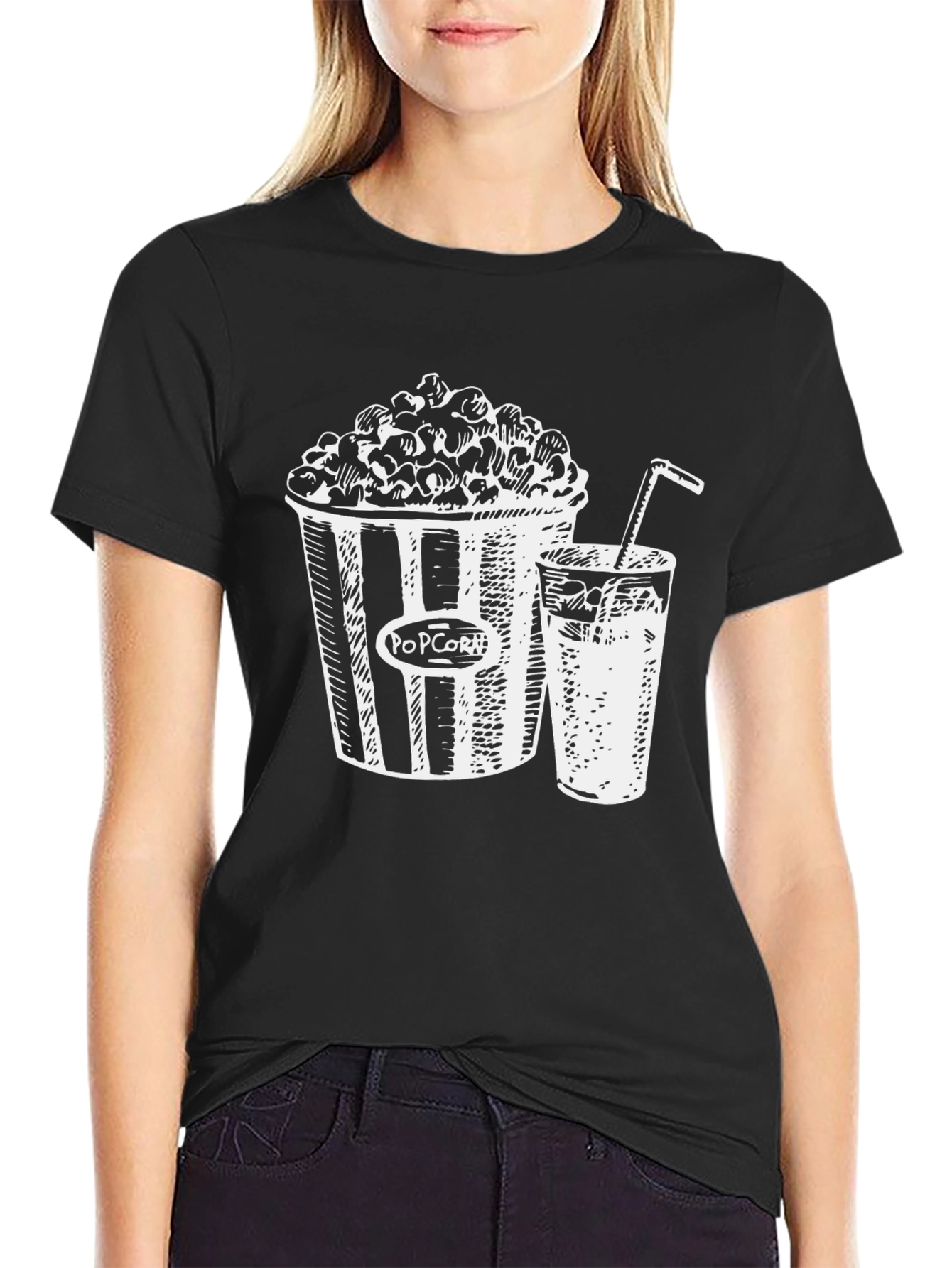 Black Movie Night T-Shirt: Popcorn & Drink Graphic Tee view 2
