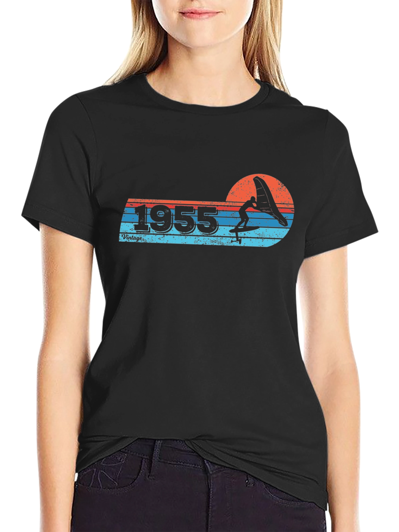 Black Vintage 1955 Surfing T-Shirt - Retro Summer Style view 2
