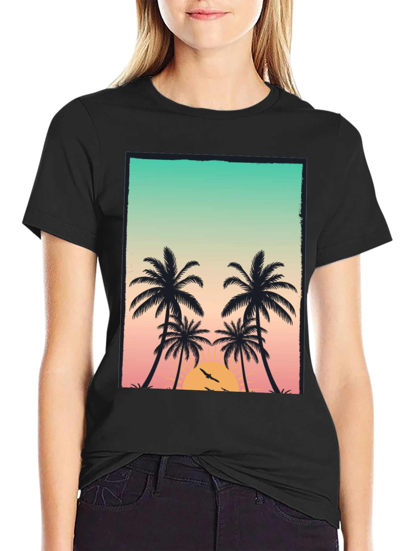 Black Sunset Palm Tree Graphic T-Shirt view 2