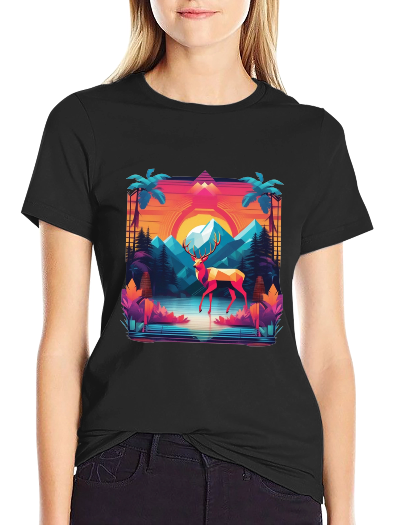 Black Retro Deer Graphic Tee - Synthwave Style view 2