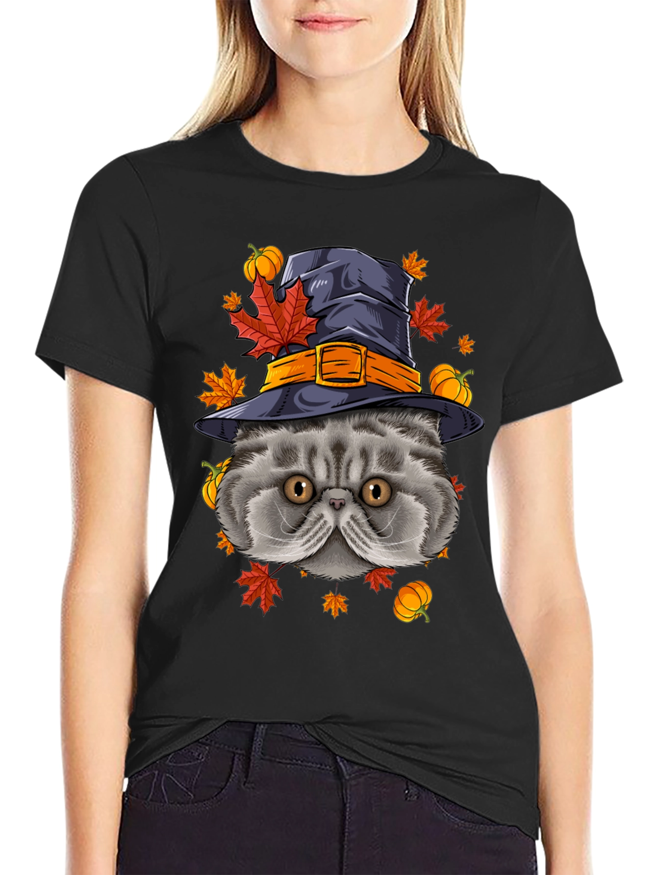 Black Halloween Cat T-Shirt with Witch Hat & Pumpkins view 2