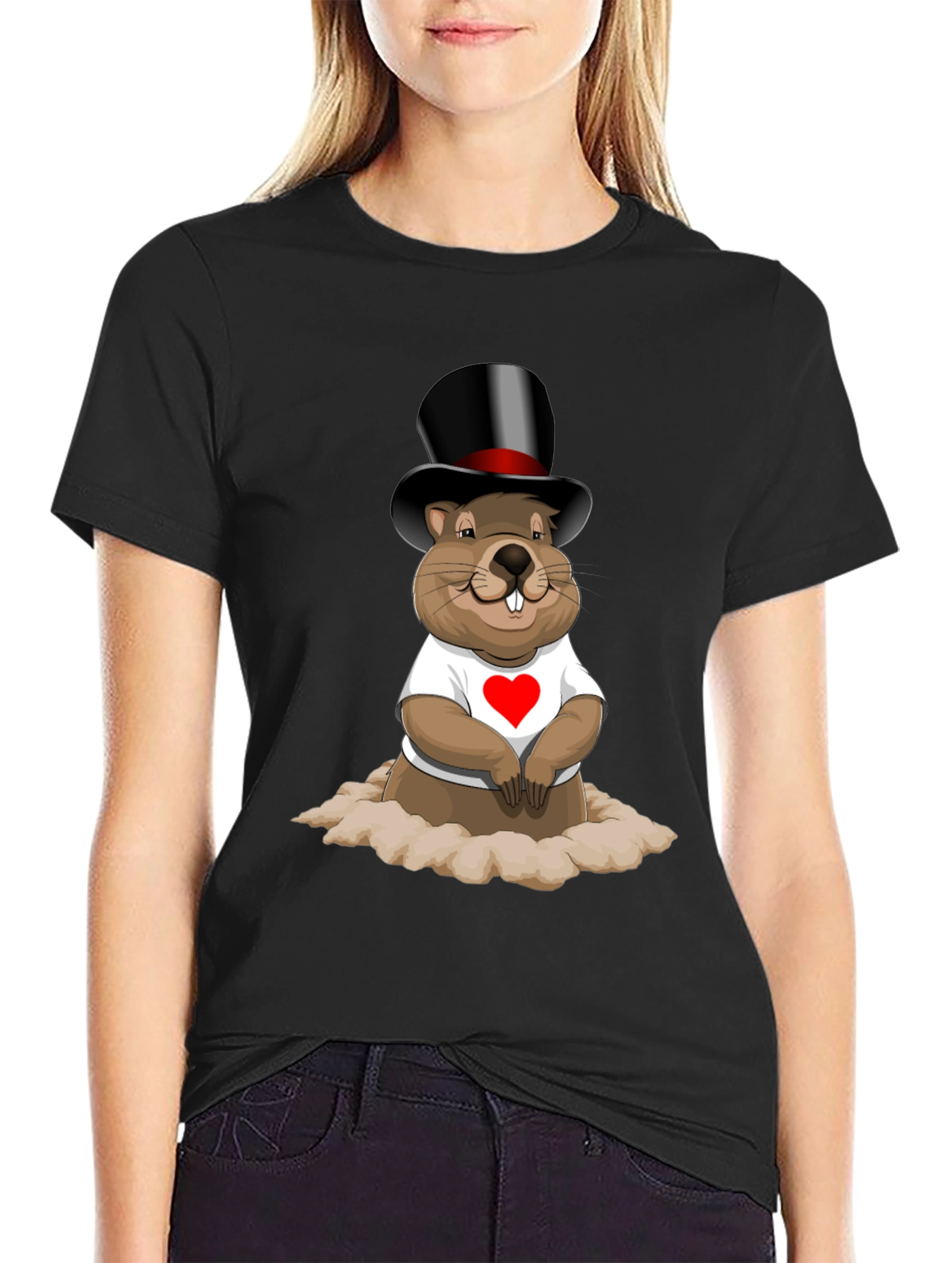 Black Groundhog Day T-Shirt with Top Hat and Heart view 2