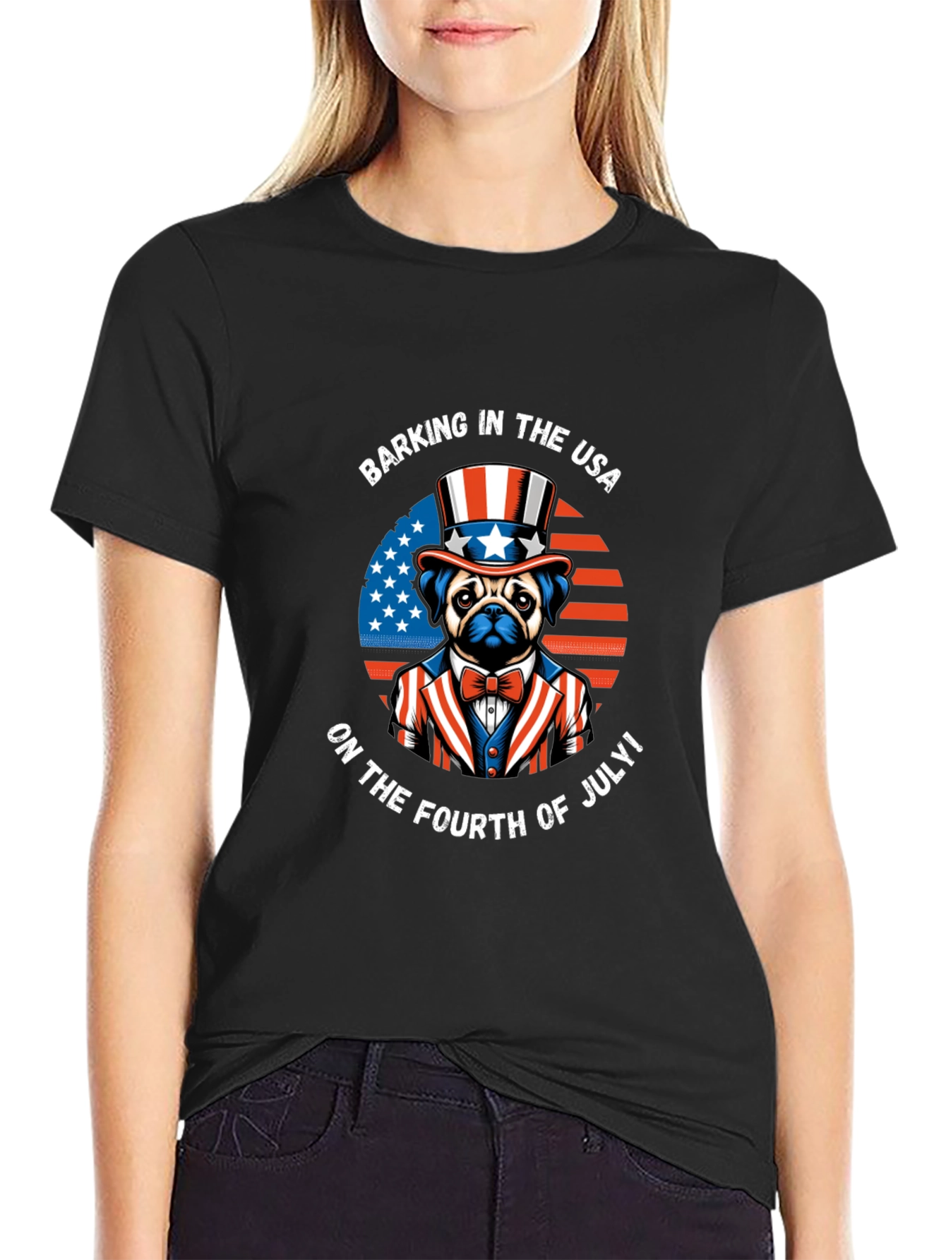 Black Patriotic Pug T-Shirt - Barking in the USA! view 2