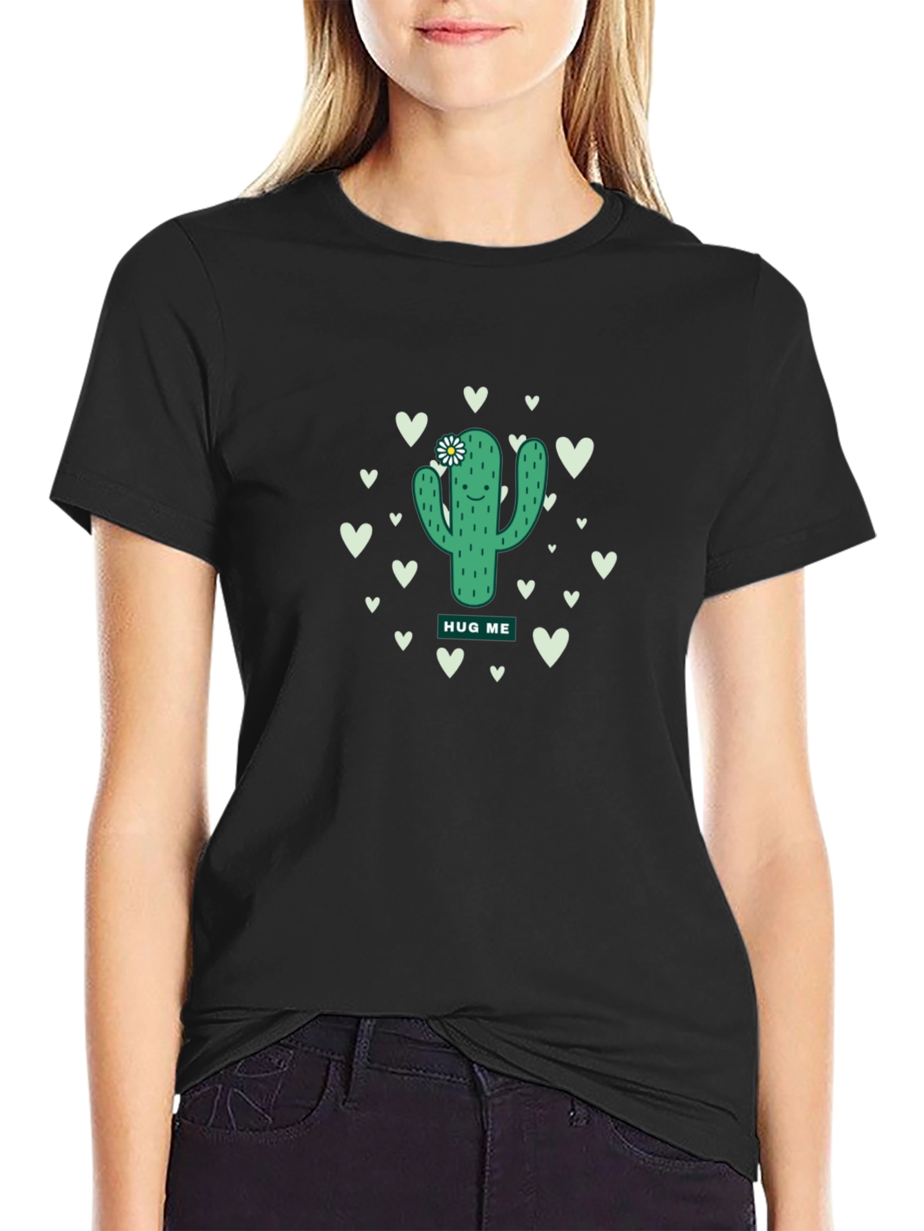Black Cute Cactus Hug Me Graphic Tee - Unisex Black T-Shirt view 2
