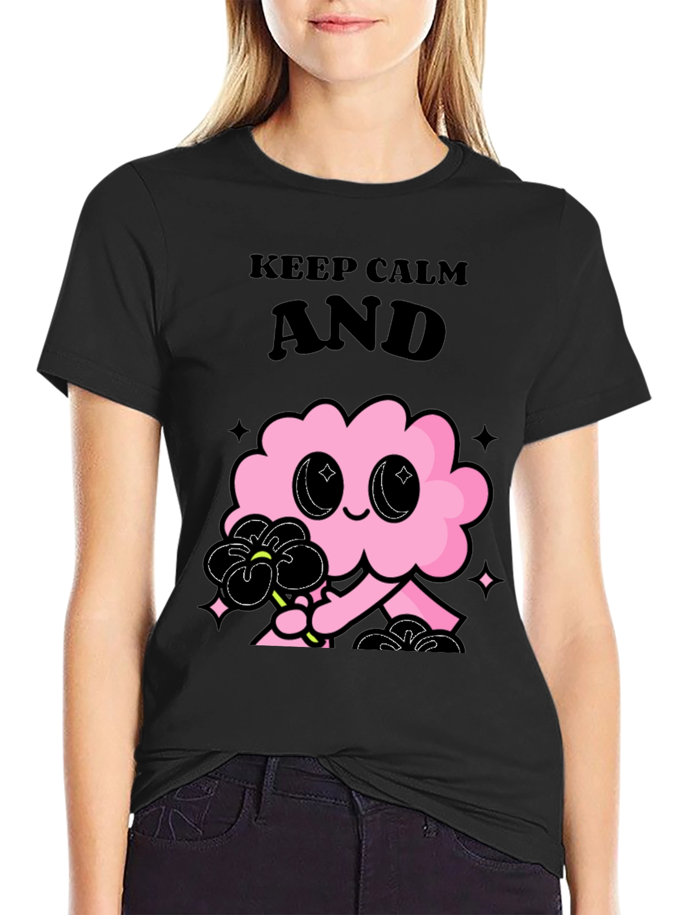 Black Keep Calm Pink Cloud Graphic Tee - Black Unisex T-Shirt view 2
