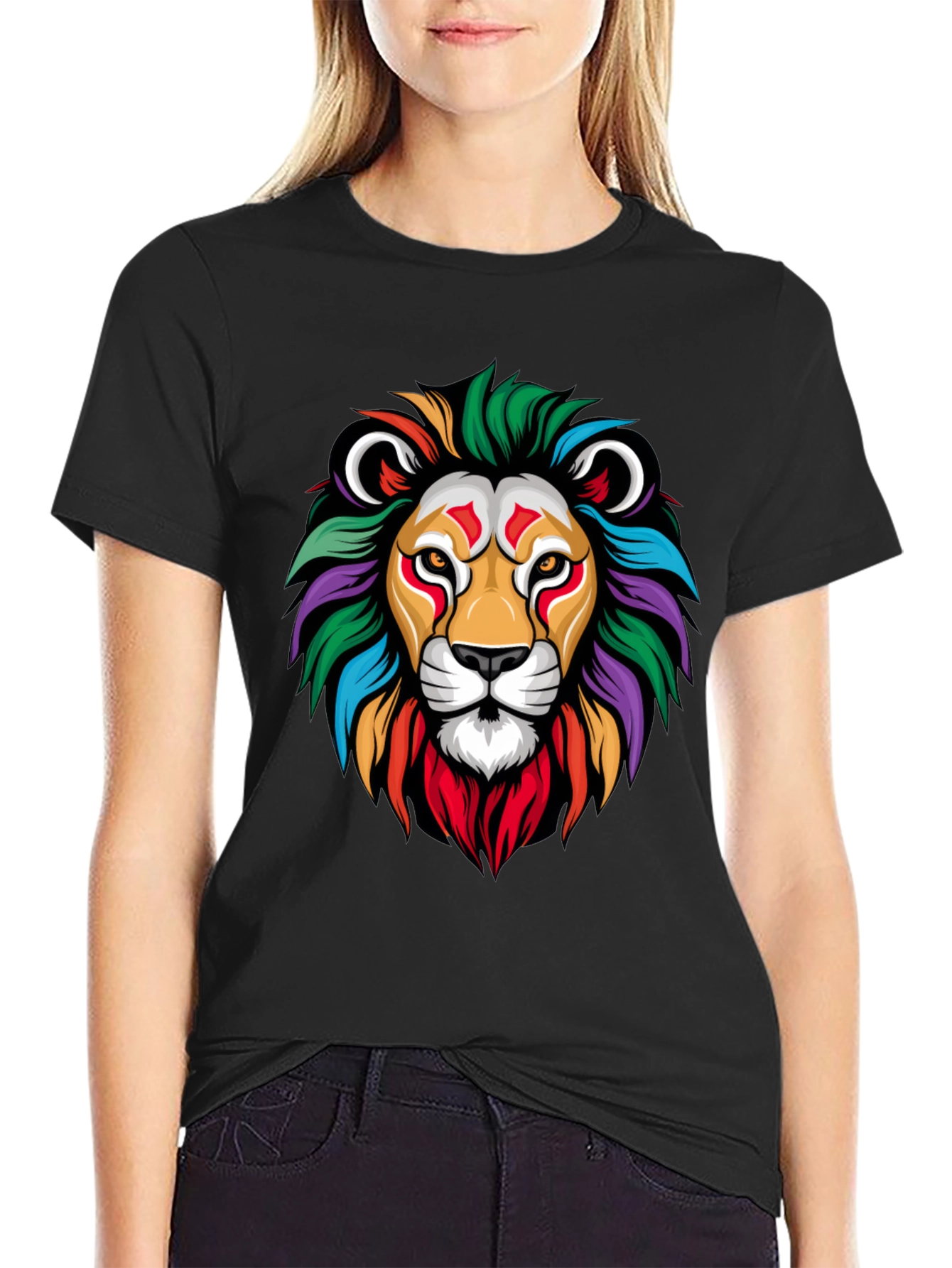 Black Colorful Lion Graphic Black T-Shirt view 2