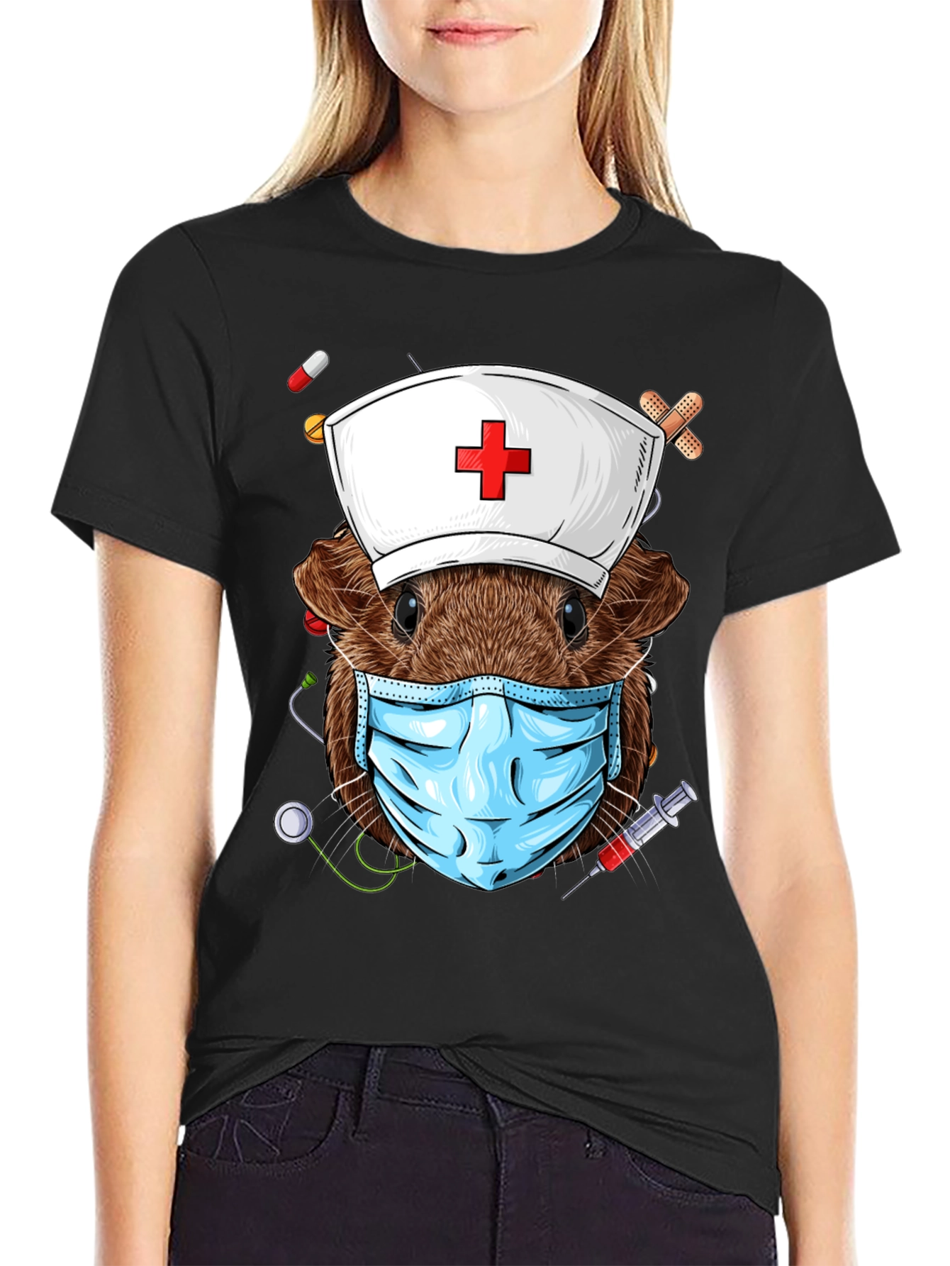 Black Nurse Guinea Pig Graphic T-Shirt view 2