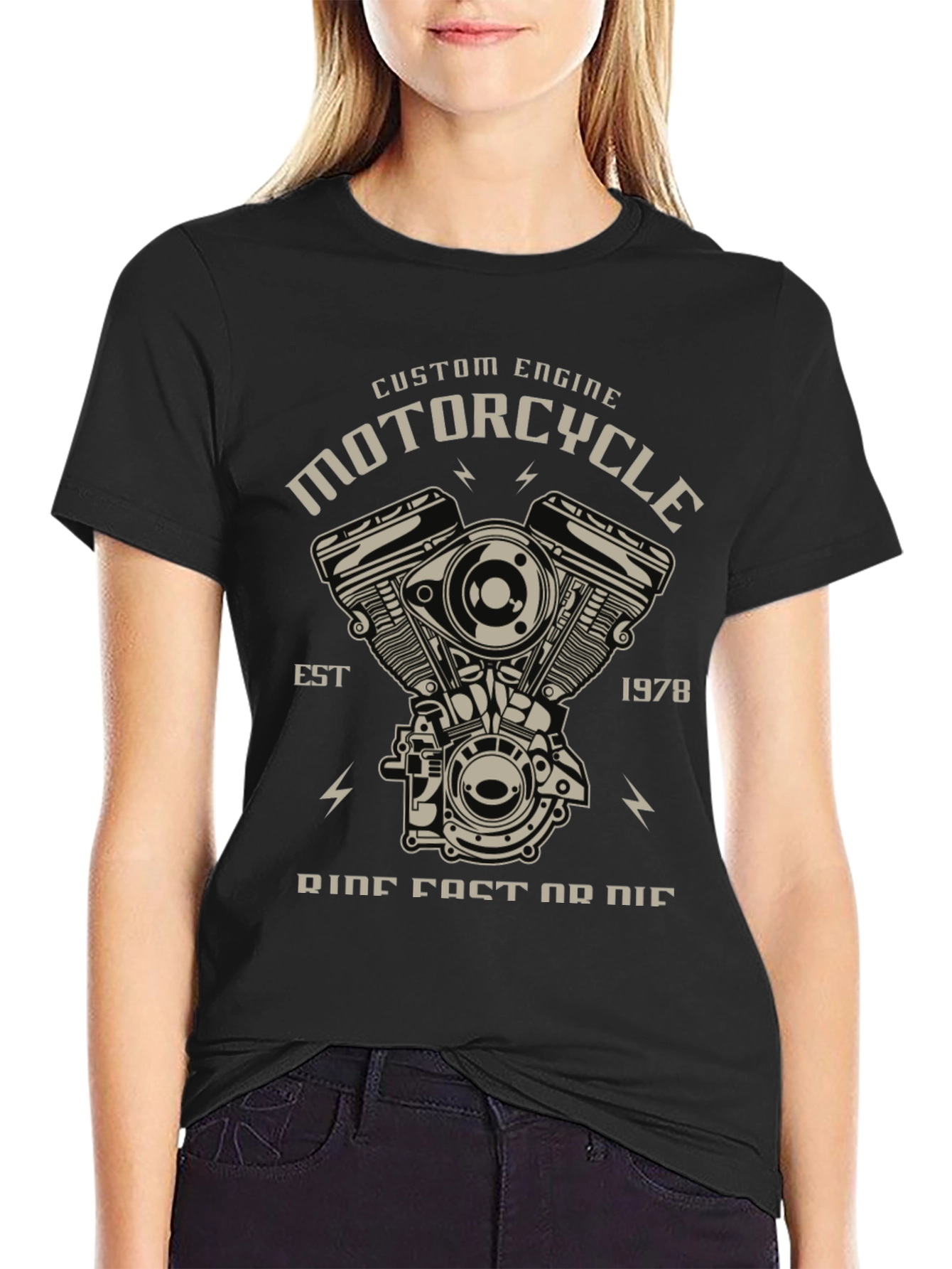 Black Motorcycle Engine Graphic Tee - Ride Fast Or Die T-Shirt view 2
