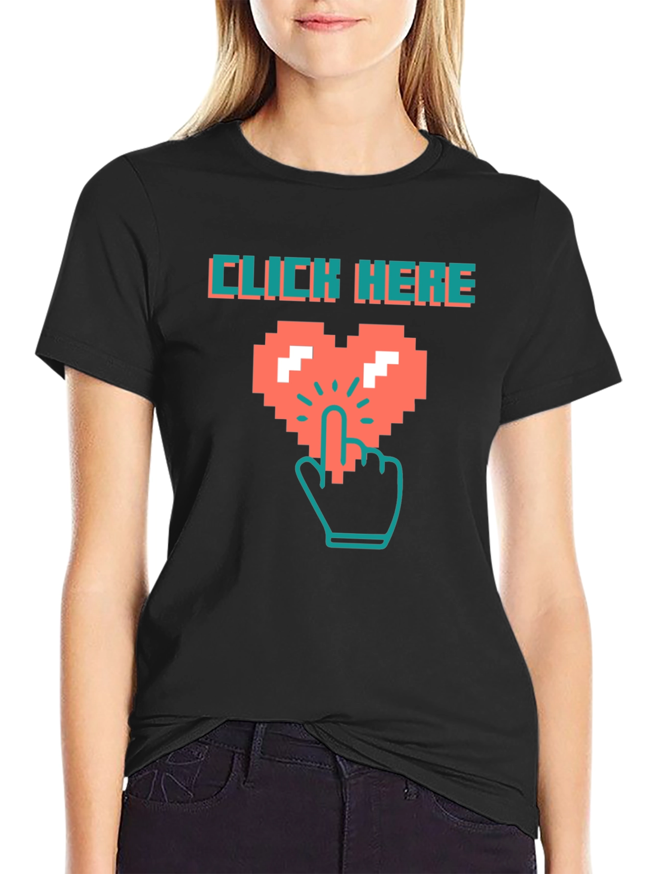 Black Click Here Pixel Heart Black T-Shirt view 2