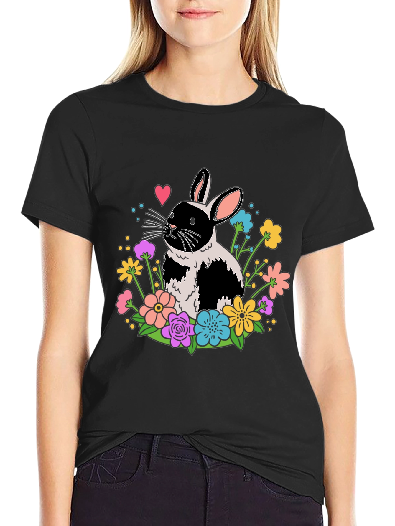 Black Floral Bunny Graphic Tee - Black Casual Shirt view 2