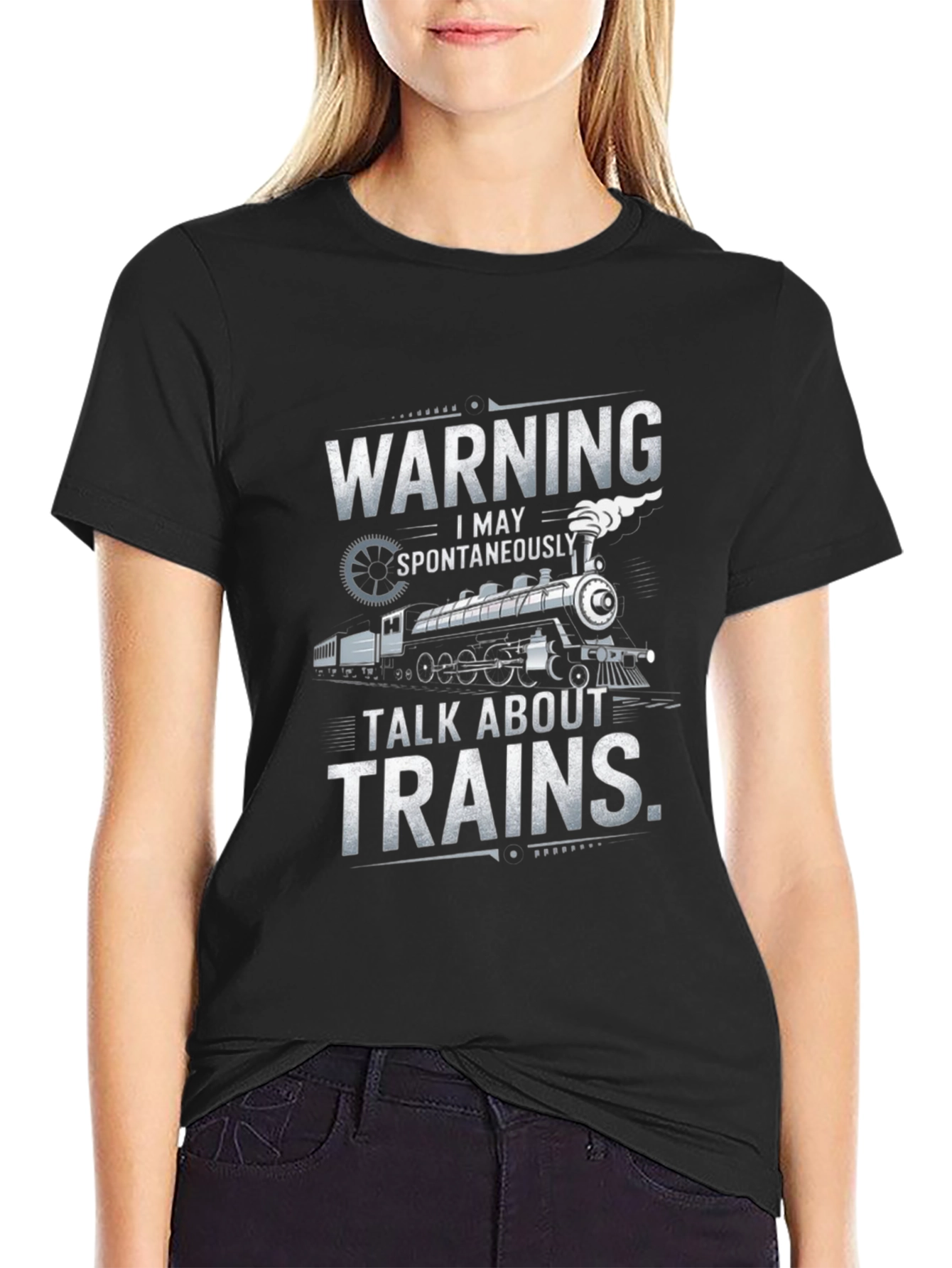Black Warning: May Spontaneously Talk About Trains T-Shirt view 2