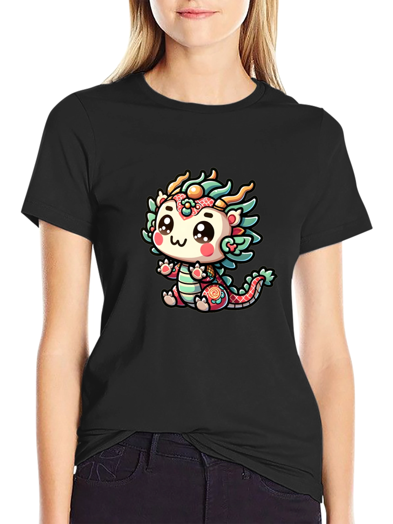 Black Cute Dragon Graphic Black T-Shirt view 2
