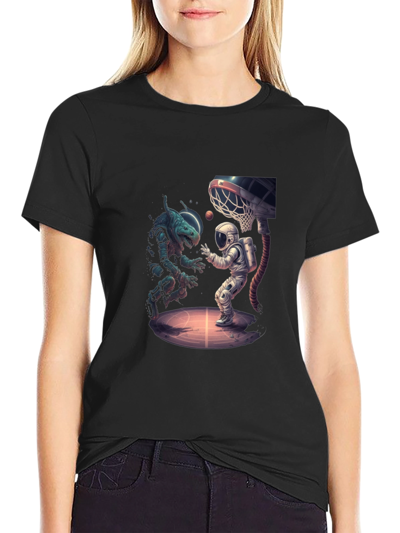 Black Cosmic Basketball T-Shirt - Alien vs Astronaut view 2