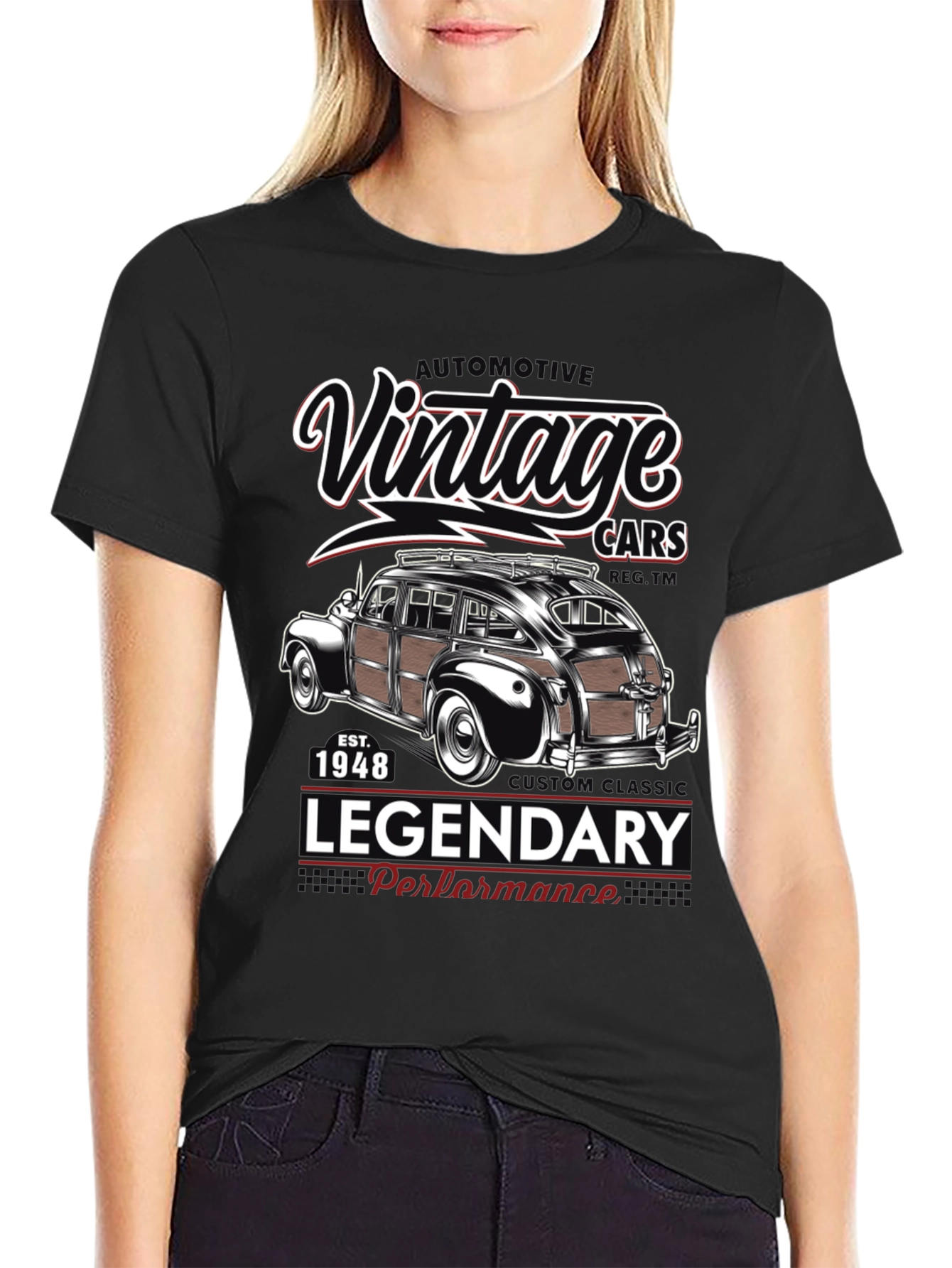 Black Vintage Cars T-Shirt - Legendary Performance 1948 view 2
