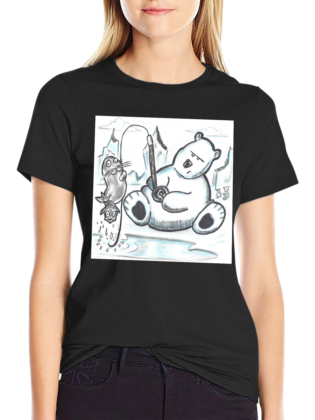 Black Cartoon Graphic Tee: Polar Bear Fishing view 2