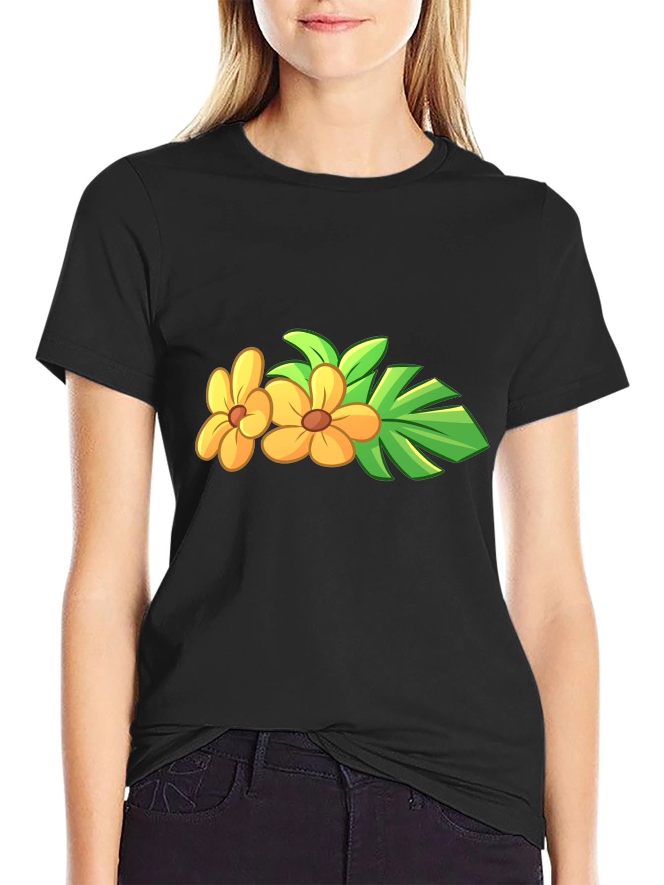 Black Tropical Flower Black T-Shirt view 2