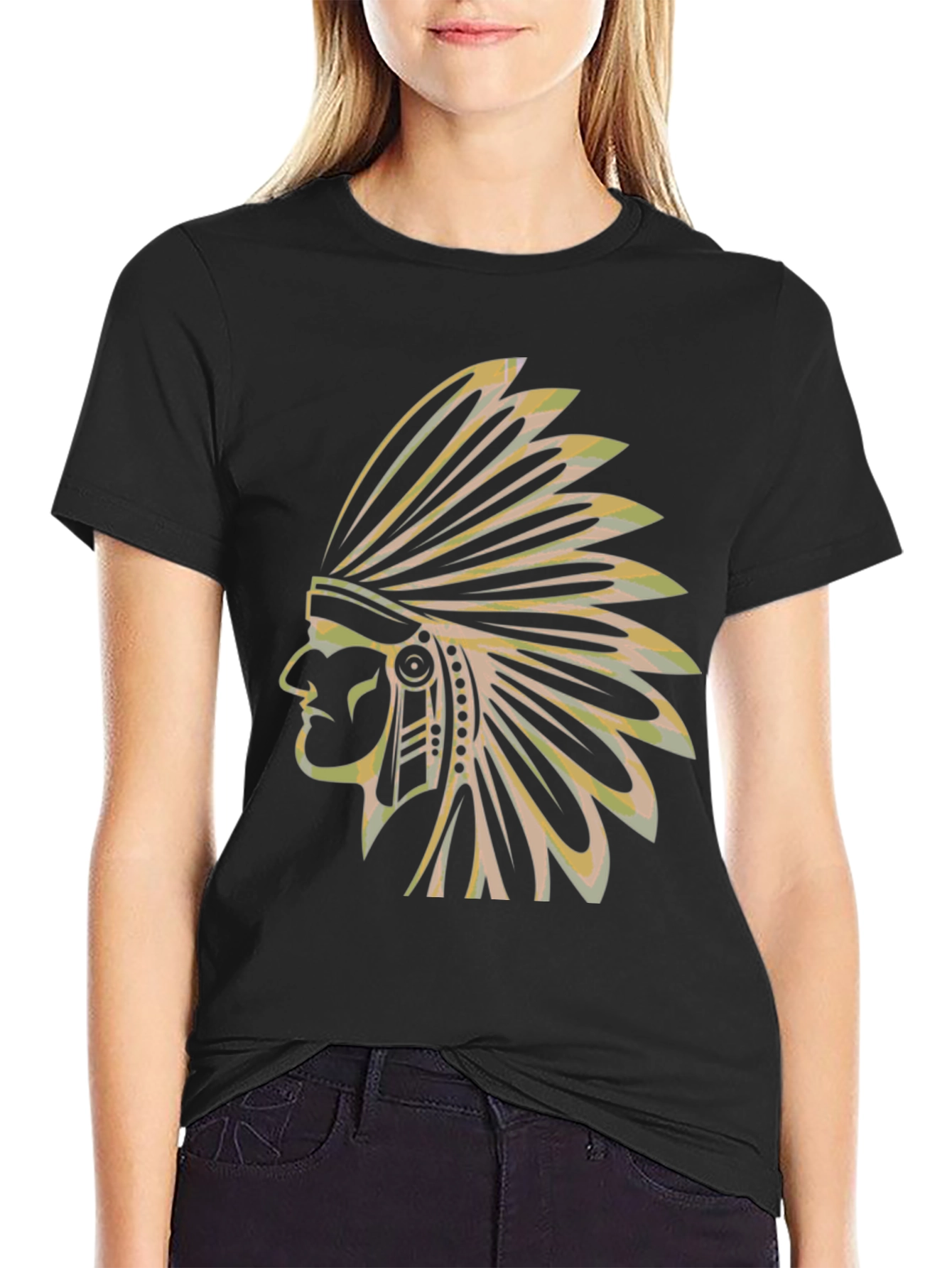 Black Men's Black T-Shirt with Native American Chief Graphic view 2