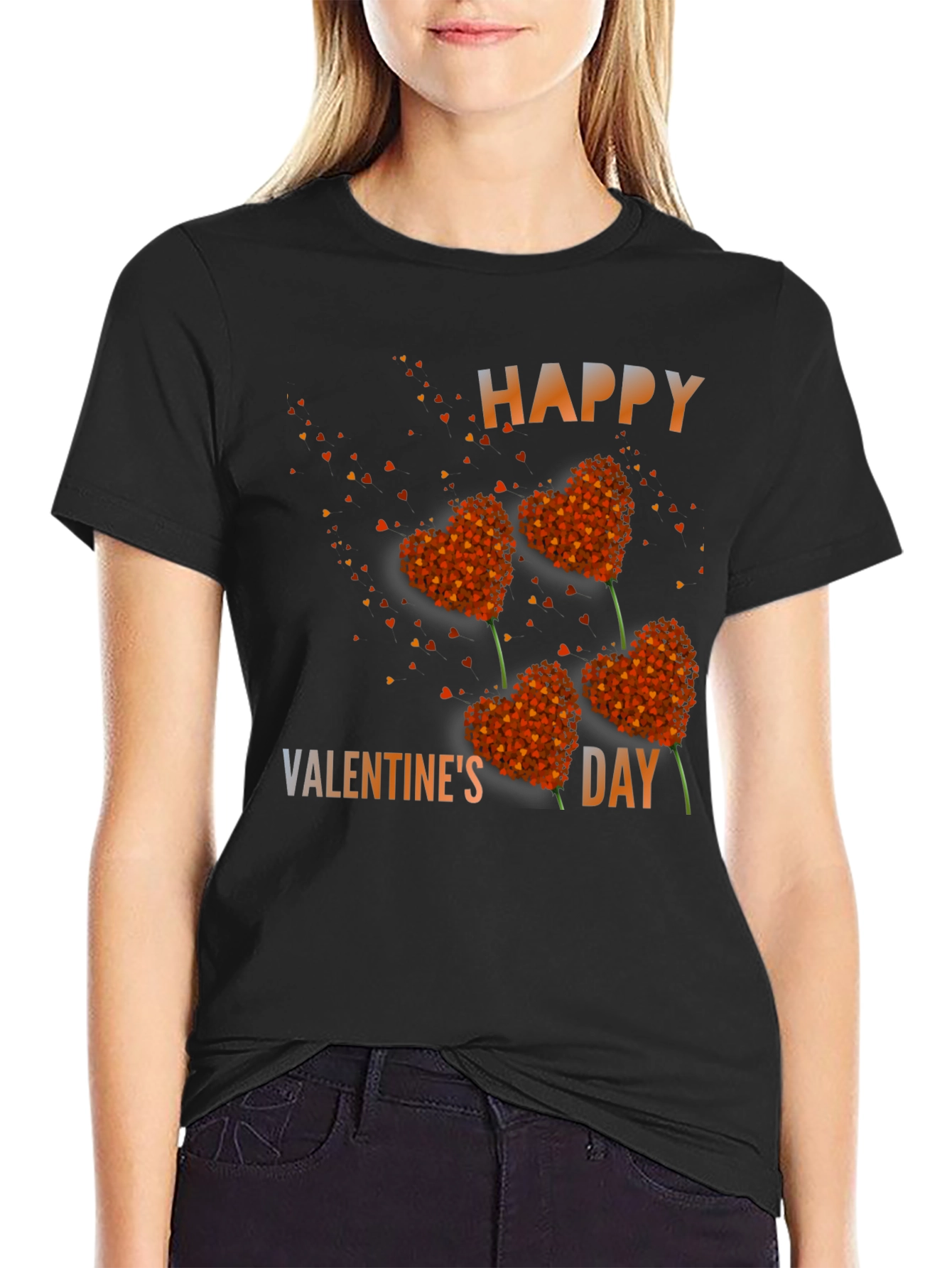 Black Happy Valentine's Day Heart Flower T-Shirt view 2