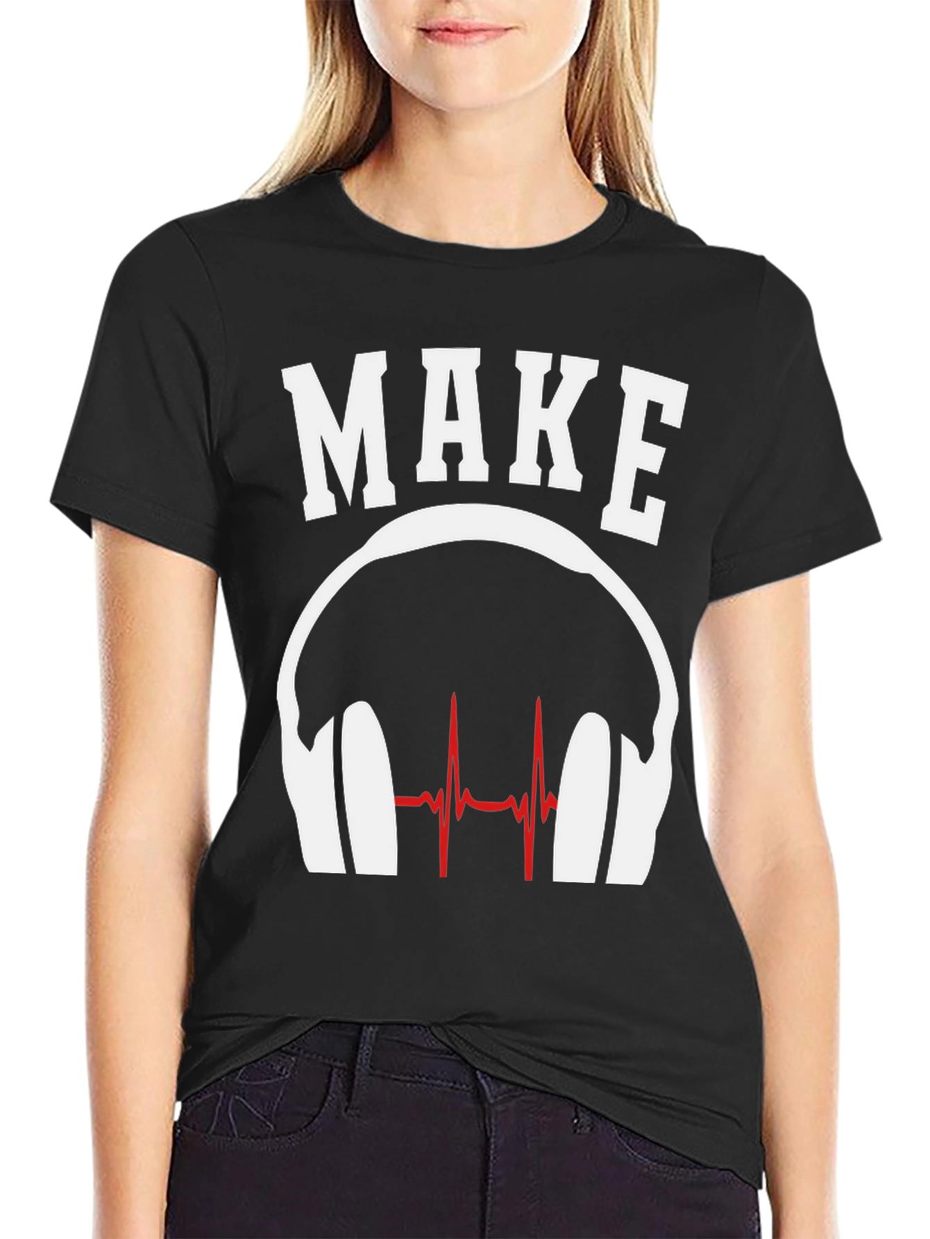 Black Make Music T-Shirt - DJ Headphones Heartbeat Design view 2