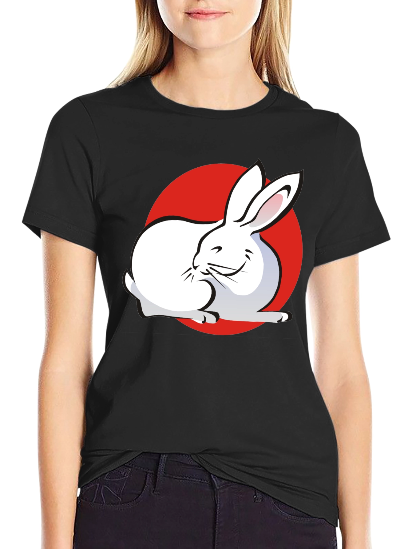 Black Rabbit & Red Circle Graphic Black T-Shirt view 2